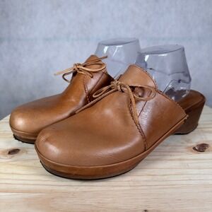 J.Crew Womens Size 8 Leather Clog Mules Tan Cognac Good Wood Wedge Tie Detail